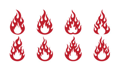 A collection of eight distinct, stylized red flame graphics arranged in two rows on a white background.