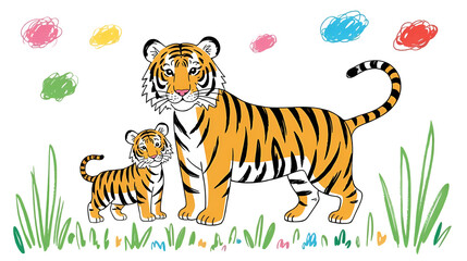 ​A charming illustration of a mother tiger and her cub standing together in a grassy field on transparent background.