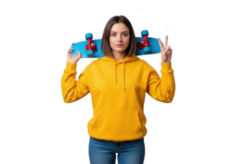 Young woman in yellow hoodie holding skateboard showing peace sign energetic portrait isolated on transparent background