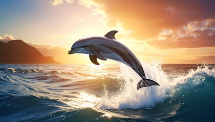 Spectacular dolphin leaping from ocean waves during sunset at the coastal horizon