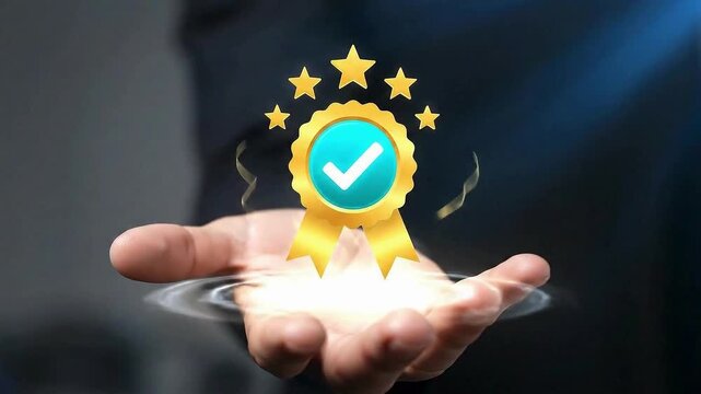 Hand displaying a golden medal with a checkmark and stars, signifying top quality and excellent performance