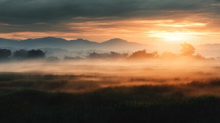 Obraz premium Misty sunrise over a rural landscape with golden light illuminating the fog and mountains