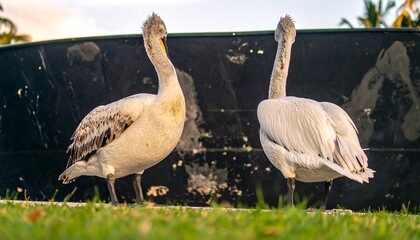 Obraz premium Two pelicans stand facing each other near a dark wall