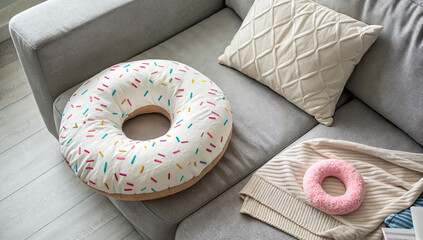 Cozy donut-shaped cushions in playful designs on the sofa  