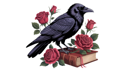 Majestic raven perched on vintage book surrounded by romantic red roses