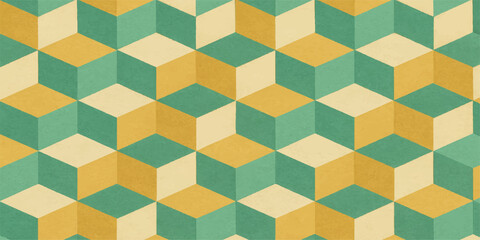 Retro colorful geometric seamless pattern vector with abstract square mosaic texture and 3D cube illustration on an orange tile background
