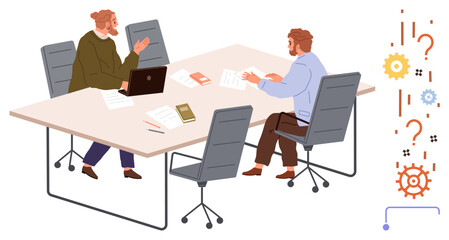Two people in conversation at a table, with a laptop, papers, books, and gear icons symbolizing collaboration. Ideal for teamwork, brainstorming, discussion, problem-solving analysis planning