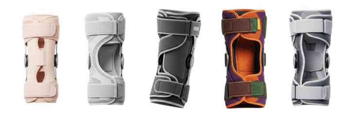 Different styles of knee braces in various colors and designs. Set  