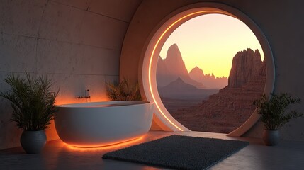 Modern bathtub with a scenic desert vista.