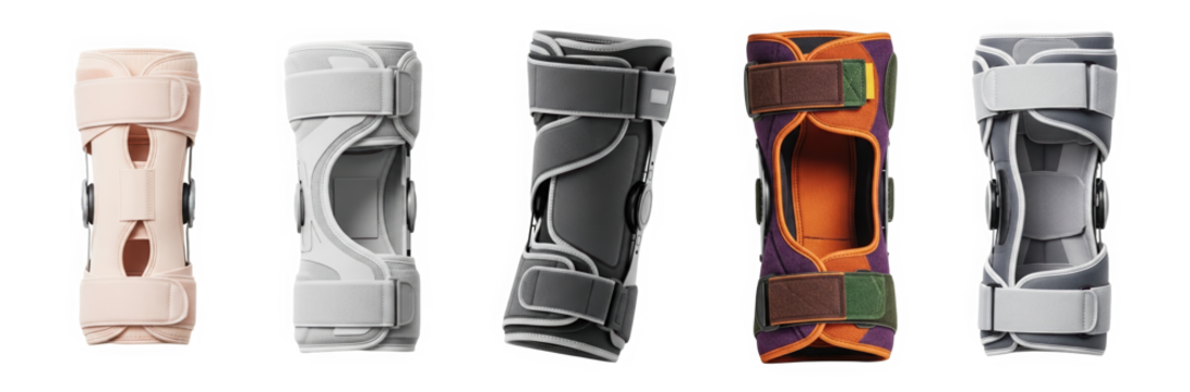 Different styles of knee braces in various colors and designs. Set  