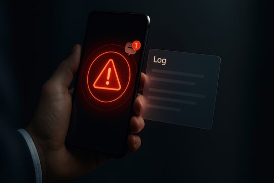 Closeup smartphone screen with holographic red warning alert triangle error log notification
