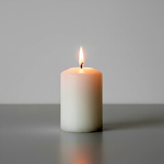 A lit white pillar candle stands serenely on a grey surface, casting a warm glow in a dimly lit room, creating a tranquil atmosphere and evoking feelings of peace and contemplation .