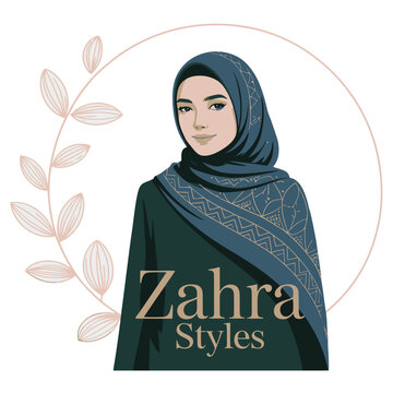 Woman wearing hijab. Text Zahra Styles for fashion. Modest and modern apparel. Elegant female clothing.