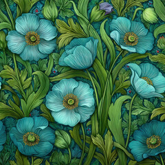 Retro Light Blue Flower Pattern in Seamless Design Style
