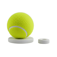 A vibrant fluorescent yellow fuzzy felt tennis ball with white seams perfectly centered on a matte white ceramic disc, isolated on a seamless transparent background with soft studio lighting, product