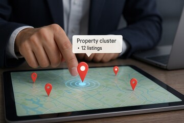 Tablet screen with red location pins showing property cluster map for real estate housing investment
