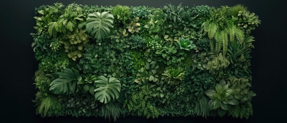 Lush green vertical garden with diverse foliage and large monstera leaves against a dark background.