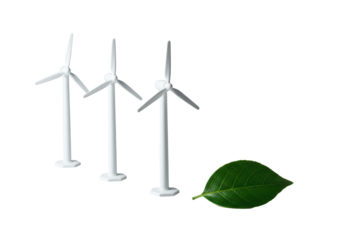 Three sleek white wind turbines in a neat row, a polished dark green leaf, on a clean transparent high-key background, concept of clean energy and sustainability
