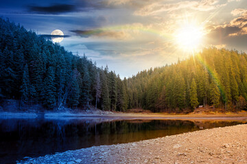 scenic landscape by the lake on autumn equinox among forest. day and night time change. beautiful scenery of national park in fall season with sun and moon. colorful environment reflection in the pond