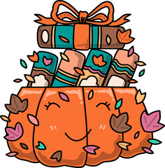 Books in Pumpkin with Autumn Leaves Illustration