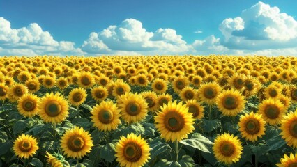 Obraz premium Vast sunflower field under a bright blue sky with fluffy clouds