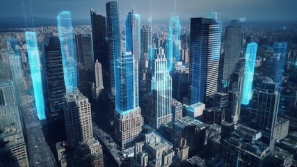 Modern city skyline with holographic digital data overlay, futuristic smart city concept. - Powered by Adobe