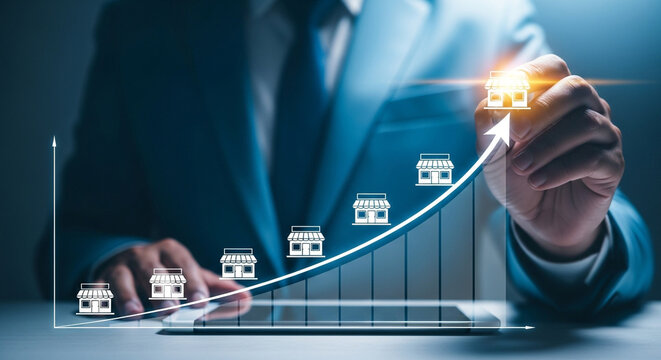 Businessman drawing growth graph of franchise business expansion with tablet and pen for business plan