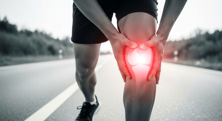 Runner with knee pain on the road, highlighted in red, indicating inflammation and potential injury or medical condition