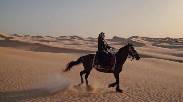 A woman rides a horse through the desert, as the woman holds the reins. The horse moves gracefully over the sand with the woman seated firmly on the horse.
