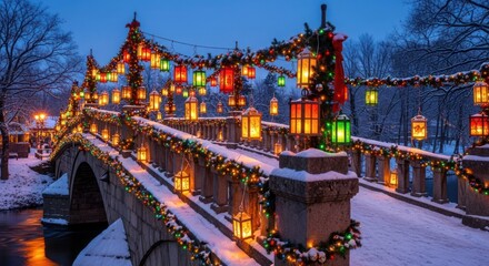 Obraz premium Snow covered bridge adorned with christmas lights and lanterns at twilight hour