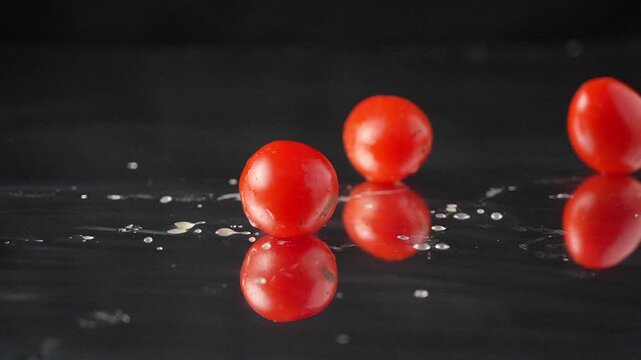 Slow motion shot of fresh cherry tomatoes falling and bouncing towards camera on black background. Premium vegetable footage perfect for restaurant commercials and healthy food content.
