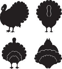 big wild turkey silhouette icons set side, front, back, and top views vector art illustration