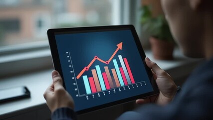 Person analyzing financial growth chart on a tablet near a window showing progress - Powered by Adobe