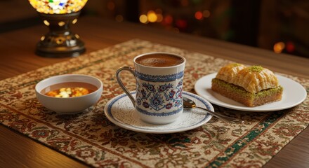 Fototapeta premium Traditional Turkish Coffee and Sweet Baklava Dessert on an Ornate Table Setting