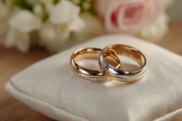 Elegant close-up of two wedding rings resting on a soft cushion, with blurred floral accents in the background creating a romantic and serene atmosphere.