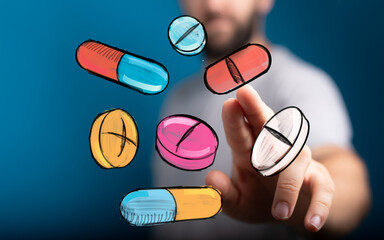 Hand interacting with colorful pills, healthcare, medicine, pharmacy, treatment, health, wellness, drugs, capsules, tablets, digital, tech