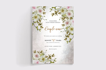 WEDDING INVITATION FRAME WITH FLOWER DECORATIONS AND FRESH LEAVES © IGNA