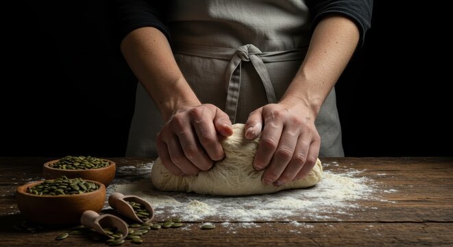 Woman's hands kneading fresh dough with flour on a rustic wooden table for baking