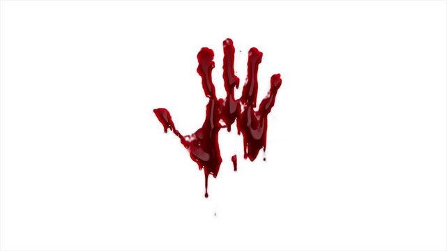 Red Bloody handprint Splatter Drip Animation Horror Effect on White Background. Halloween concept