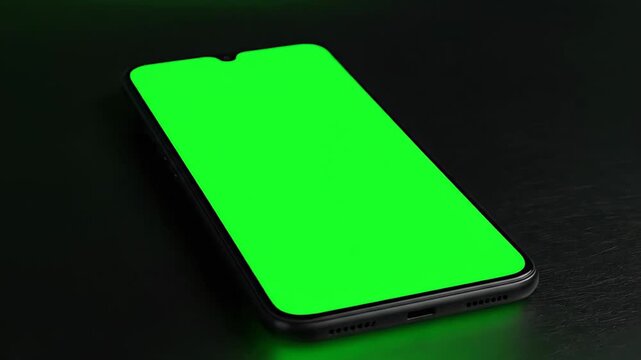 Contemporary smartphone with a green screen on a sleek black background. The camera is moving around the device to create a mockup for the product