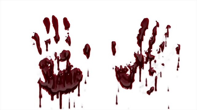 Red Bloody handprint Splatter Drip Animation Horror Effect on White Background. Halloween concept