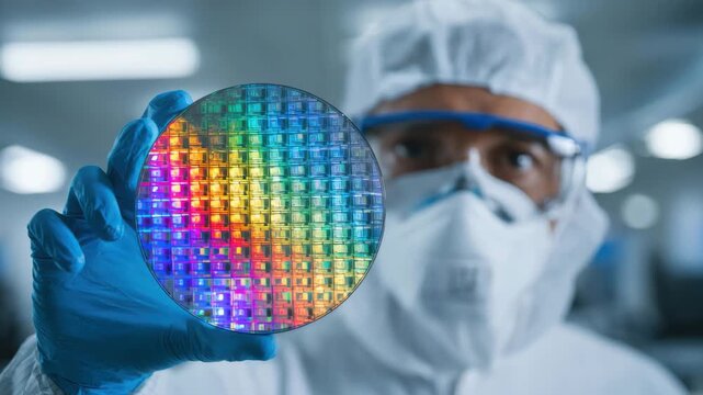 A technician in protective gear displays a vibrant semiconductor wafer in a cleanroom setting