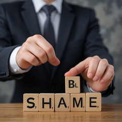 Obraz premium Blame or shame symbol. Businessman turns wooden cubes and changes the word 'shame' to 'blame' or vice versa. Beautiful grey background, copy space. Business, blame or shame concept.