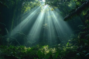 Sunbeams filtering through the dense canopy of the Amazon rainforest.