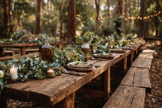 Enchanting woodland wedding reception with rustic wooden tables adorned with foliage, candles, and string lights creating a magical, intimate ambiance in the forest.