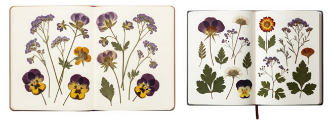 Pressed flowers displayed in an open botanical journal. Double set  