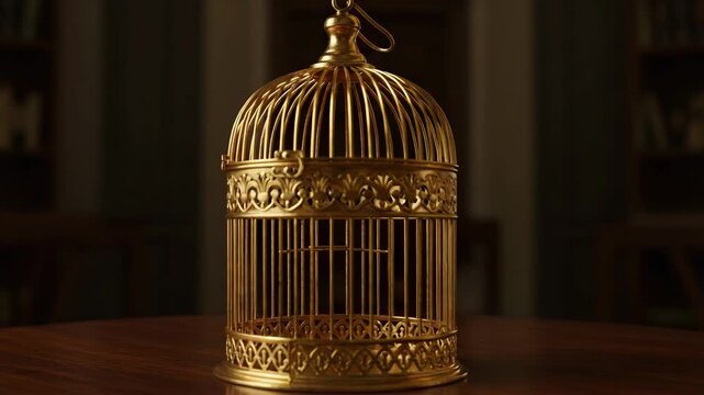 Elegant vintage golden birdcage on wooden table in dim setting  