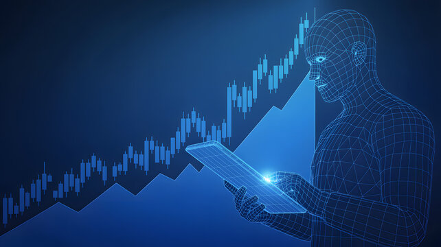 Digital analyst studies upward trending stock market charts on tablet, visualizing financial growth and investment strategy.