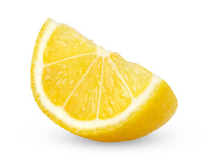 Fresh slice of yellow lemon citrus fruit isolated with shadow