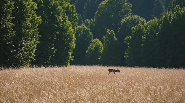 A Graceful Deer Stands in a Sunlit Meadow Surrounded by Lush Green Trees, Capturing the Beauty of Nature in a Serene Landscape